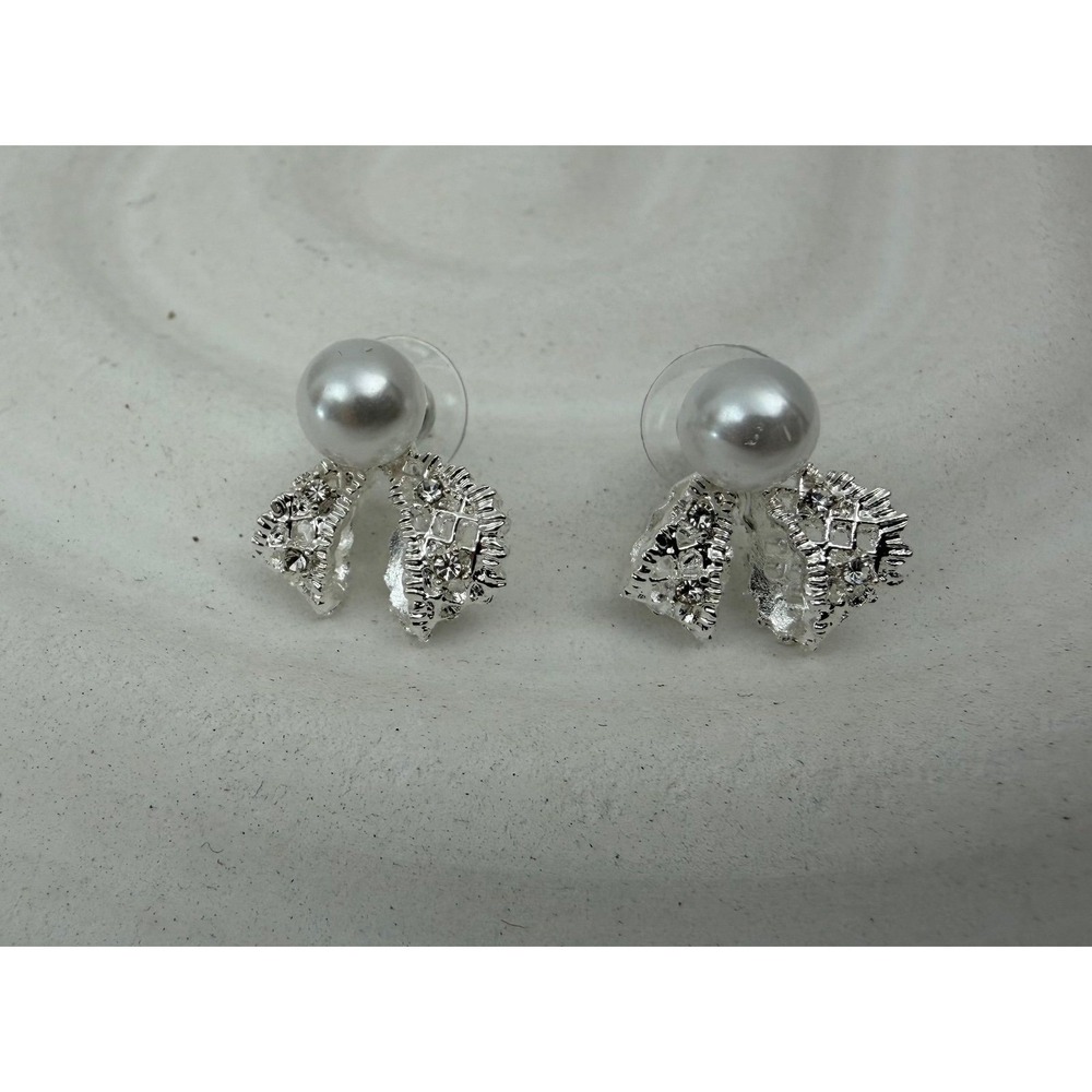Silver Tone Faux Pearl Rhinestone Bow Knot Stud Earrings Bridal